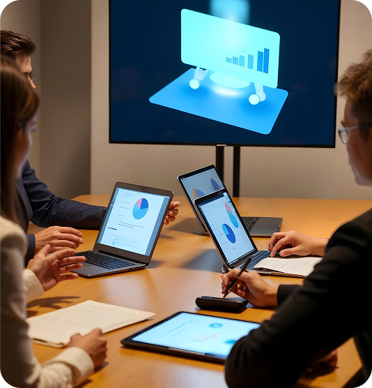 Três pessoas em um escritório com notebooks e folhas.